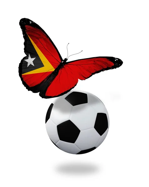 Conceito - borboleta com bandeira de Timor Leste voando perto da bola , — Fotografia de Stock