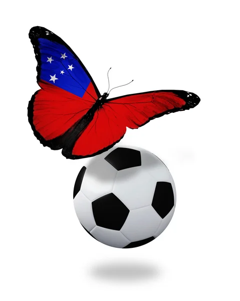 Conceito - borboleta com bandeira de Samoa voando perto da bola, como f — Fotografia de Stock