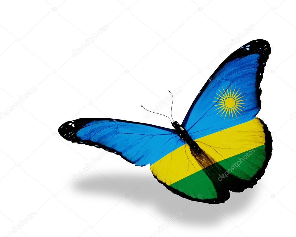 Rwanda flag butterfly flying, isolated on white background