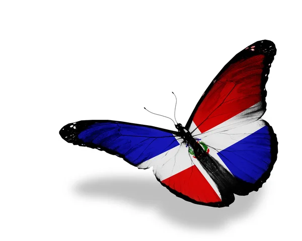 Bandeira da República Dominicana borboleta voando, isolado na parte traseira branca — Fotografia de Stock