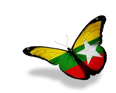 myanmar bayrağı kelebek uçuyor, izole üzerinde beyaz arka plan