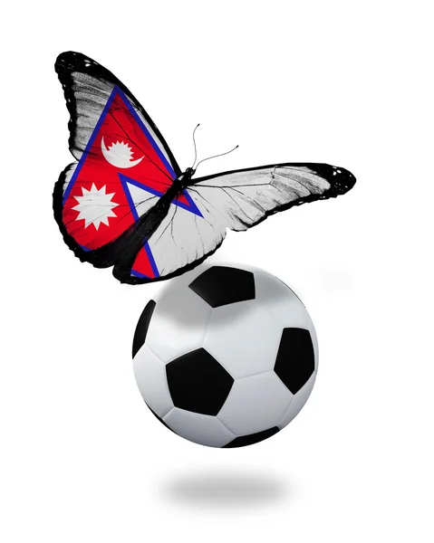 Concepto - mariposa con bandera de Nepal volando cerca de la pelota, como f — Foto de Stock