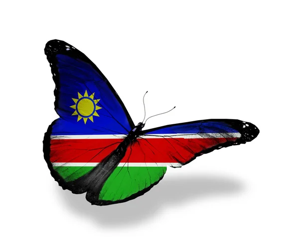 Bandeira da Namíbia borboleta voando, isolado em fundo branco — Fotografia de Stock
