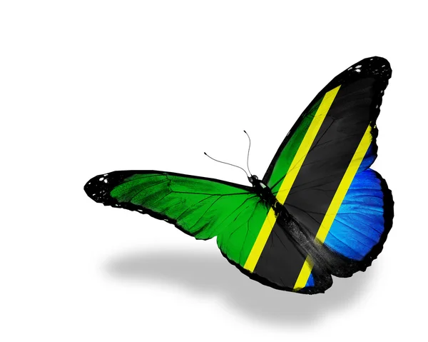 Tanzania flag butterfly flying, isolated on white background — Stock Photo, Image