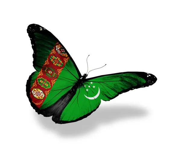 土库曼斯坦国旗蝴蝶飞，孤立在白色背景 — 图库照片