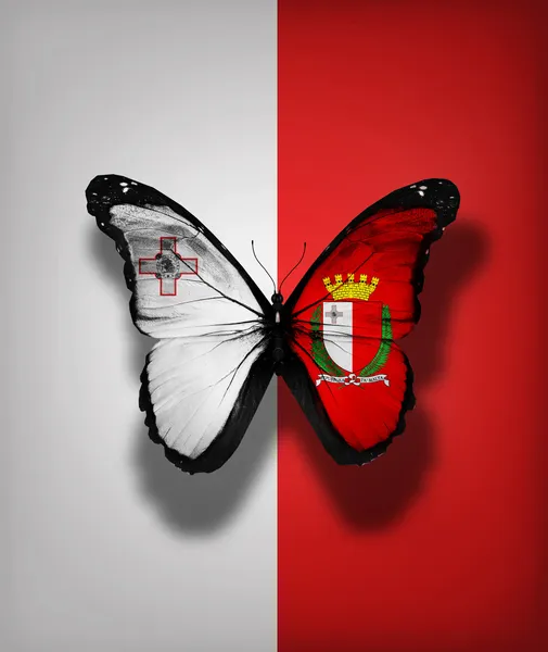 Malta flag butterfly with emblem, isolated on flag background — Stock Photo, Image