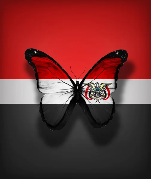 Yemen bandera mariposa con escudo de armas, aislado en la bandera backgro —  Fotos de Stock