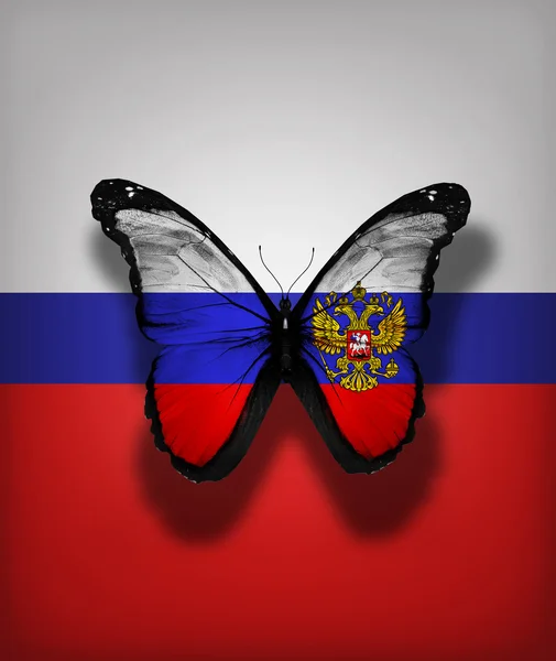Borboleta bandeira russa com brasão de armas, isolado no fundo da bandeira — Fotografia de Stock