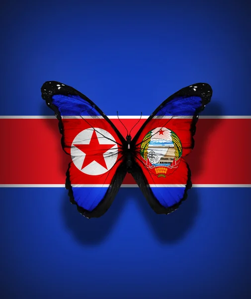 北朝鲜与徽章标志蝴蝶，隔离标志背景上 — 图库照片