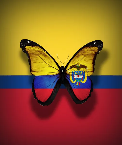 Colombian flag butterfly with coat of arms, isolated on flag background — Stock Photo, Image