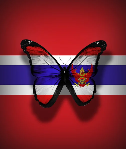 Thailand flag butterfly with coat of arms, isolated on flag background — Stock Photo, Image