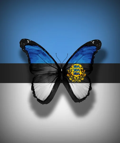 Farfalla bandiera estone con stemma, isolata sullo sfondo della bandiera — Foto Stock