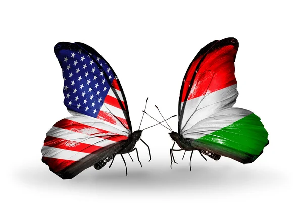 Two butterflies with flags on wings as symbol of relations USA and Hungary — Stock Photo, Image