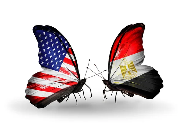 Two butterflies with flags on wings as symbol of relations USA and Egypt — Stock Photo, Image