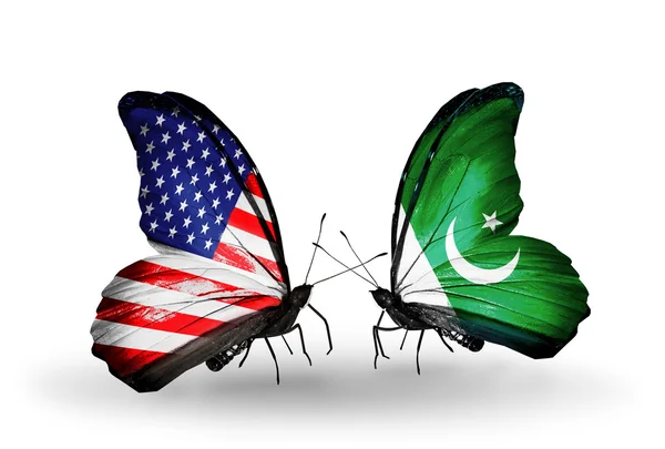 Deux papillons avec des drapeaux sur les ailes comme symbole des relations États-Unis et Pakistan — Photo