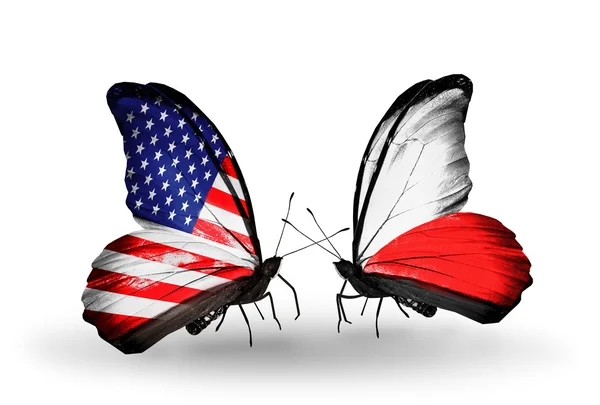 Two butterflies with flags on wings as symbol of relations USA and Poland — Stock Photo, Image