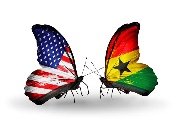 Dwa motyle z flagami na skrzydło symbol stosunków usa i ghana — Zdjęcie stockowe