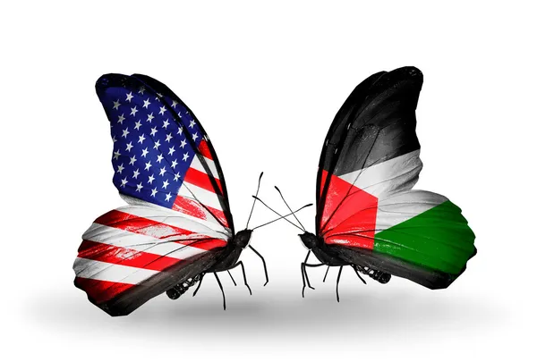 Two butterflies with flags on wings as symbol of relations USA and Palestine — Stock Photo, Image