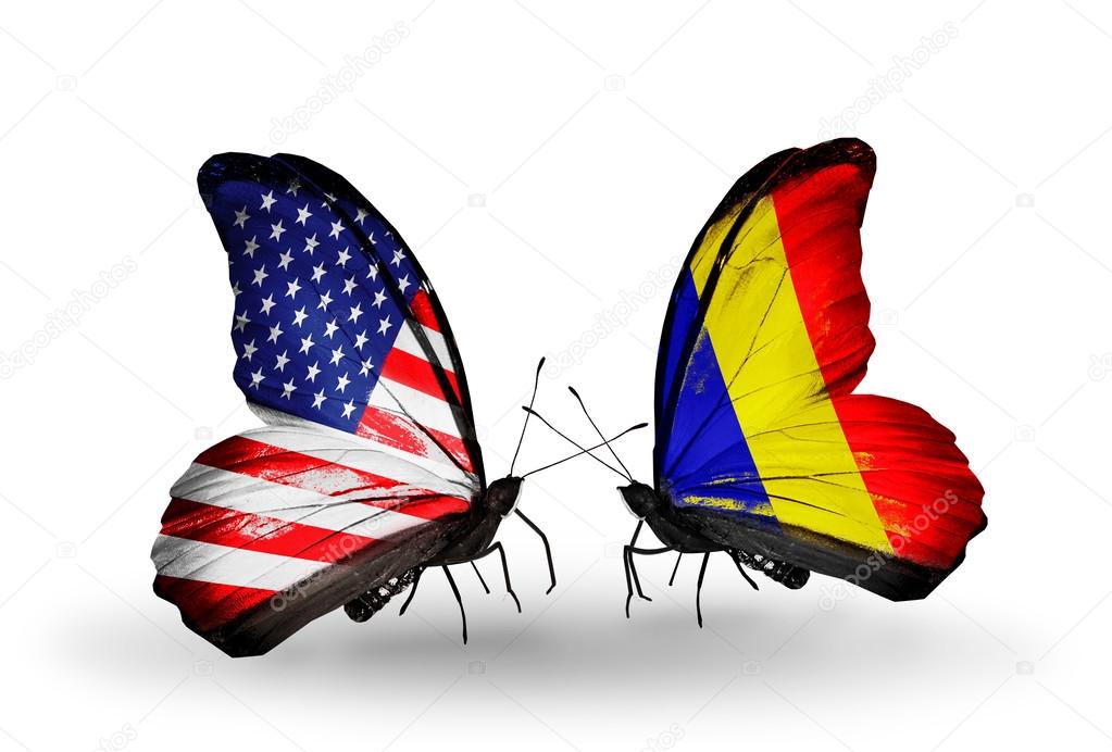 Two butterflies with flags on wings as symbol of relations USA and Chad, Romania