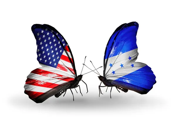 Two butterflies with flags on wings as symbol of relations USA and Honduras — Zdjęcie stockowe