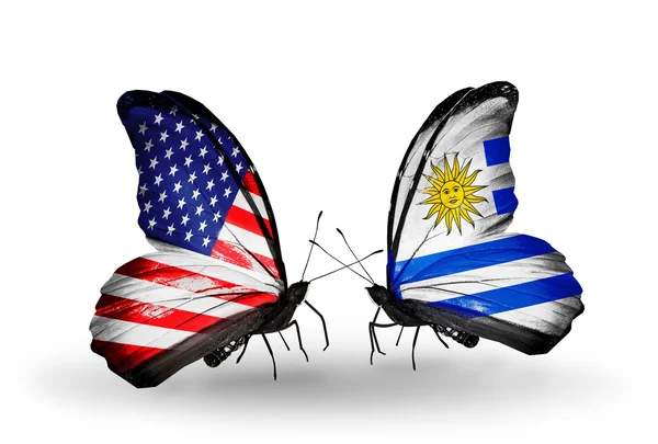 米国、ウルグアイの関係の象徴としての翼上のフラグと 2 匹の蝶 — ストック写真