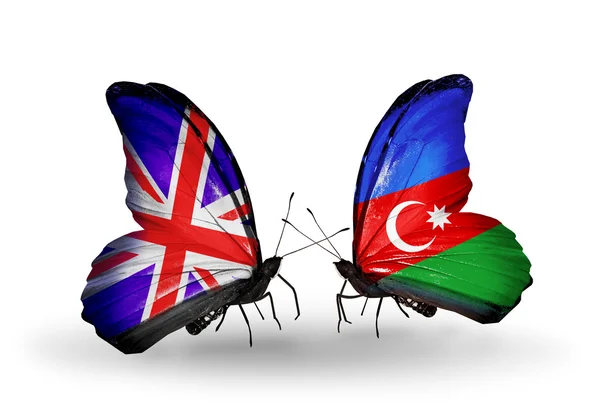 Dwa motyle z flagami na skrzydłach jako symbol stosunków, Wielkiej Brytanii i Azerbejdżan — Zdjęcie stockowe