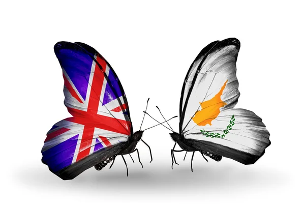 Two butterflies with flags on wings as symbol of relations UK and Cyprus — Stock Photo, Image