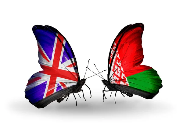 Two butterflies with flags on wings as symbol of relations UK and Belarus — Stock Photo, Image