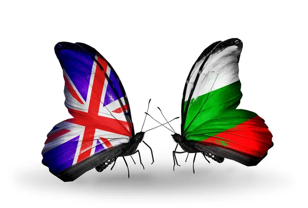 Two butterflies with flags on wings as symbol of relations UK and Bulgaria — Stock Photo, Image