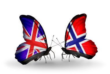 Two butterflies with flags on wings as symbol of relations UK and Norway