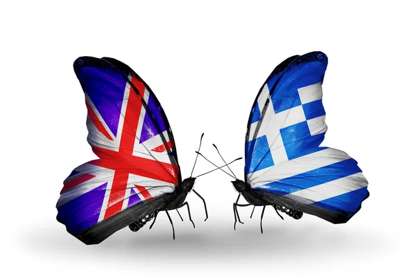 Two butterflies with flags on wings as symbol of relations UK and Greece — Stock Photo, Image