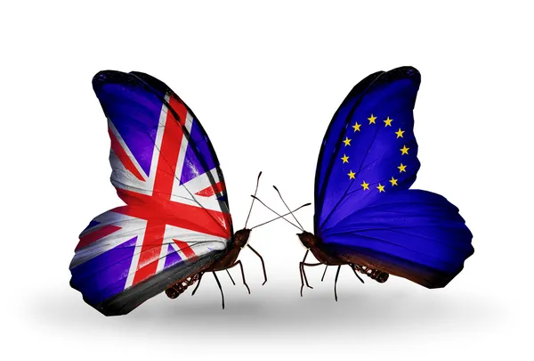 Two butterflies with flags on wings as symbol of relations UK and European Union — Stock Photo, Image