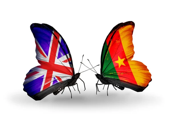 Two butterflies with flags on wings as symbol of relations UK and Cameroon — Stock Photo, Image