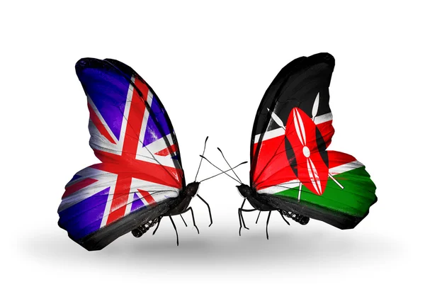 Dos mariposas con banderas en alas como símbolo de relaciones Reino Unido y Kenia —  Fotos de Stock