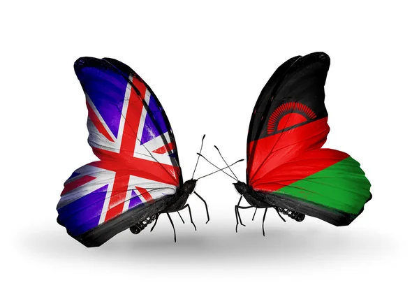 Two butterflies with flags on wings as symbol of relations UK and Malawi — Stock Photo, Image