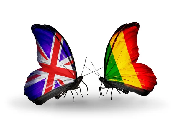 ब्रिटन आणि माली संबंध प्रतीक म्हणून पंख वर ध्वज दोन फुलपाखरू — स्टॉक फोटो, इमेज