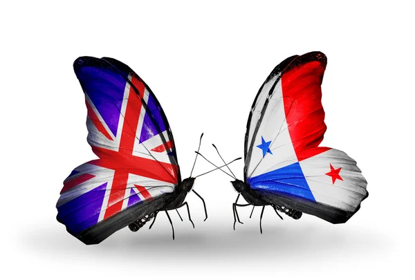 Two butterflies with flags on wings as symbol of relations UK and Panama — Stock Photo, Image