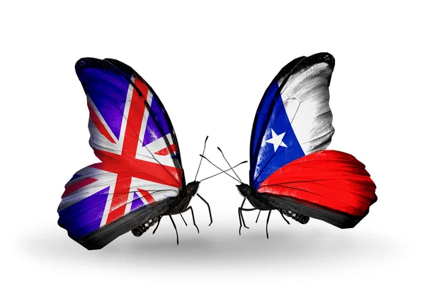 Two butterflies with flags on wings as symbol of relations UK and Chile — Stock Photo, Image