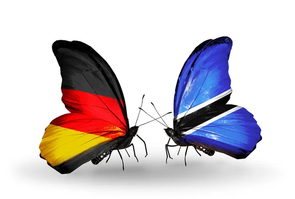 Deux papillons avec des drapeaux sur les ailes comme symbole des relations Allemagne et Botswana — Photo