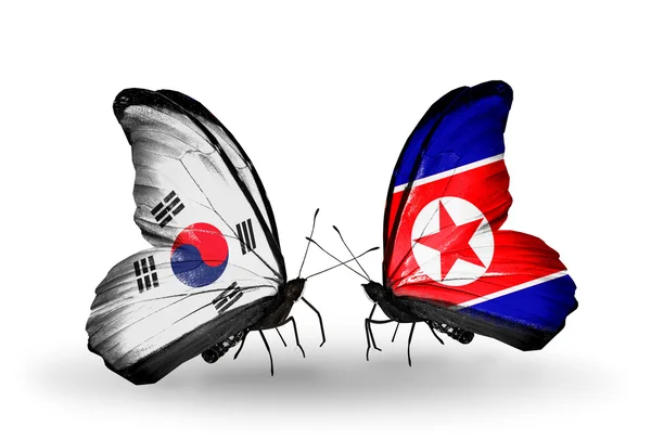 Dos mariposas con banderas en alas como símbolo de relaciones Corea del Sur y Corea del Norte —  Fotos de Stock