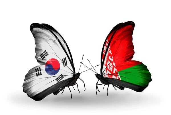Dva motýli s příznaky na křídlech jako symbol vztahů, Jižní korea a Bělorusko — Stock fotografie