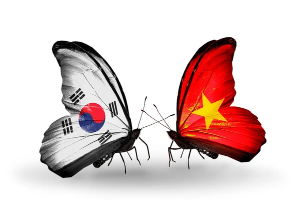 Dos mariposas con banderas en las alas como símbolo de las relaciones Corea del Sur y Vietnam —  Fotos de Stock