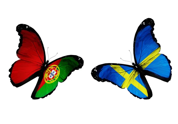 Concept - two butterflies with Portuguese and Swedish flags flying, like two football teams playing — Stock Photo, Image