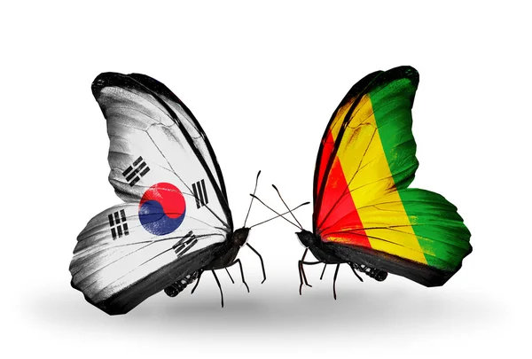 Twee vlinders met vlaggen op vleugels als symbool van betrekkingen Zuid-korea en Guinee — Stockfoto