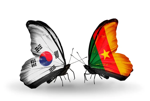 Twee vlinders met vlaggen op vleugels als symbool van de betrekkingen, Zuid-korea en Kameroen — Stockfoto