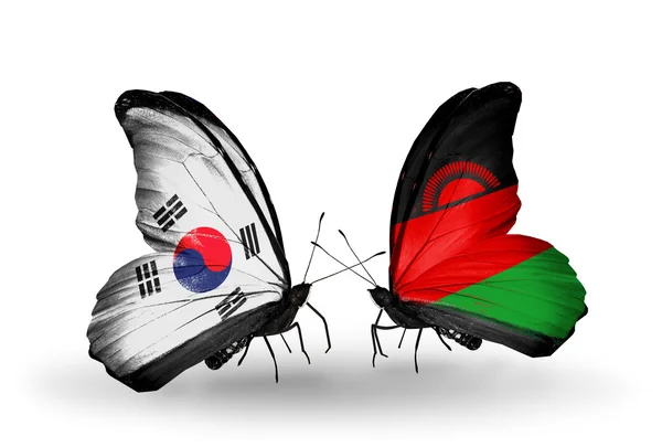 Dos mariposas con banderas en las alas como símbolo de las relaciones Corea del Sur y Malawi — Foto de Stock