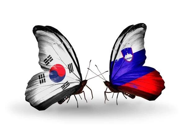 Two butterflies with flags on wings as symbol of relations South Korea and Slovenia — Stock Photo, Image