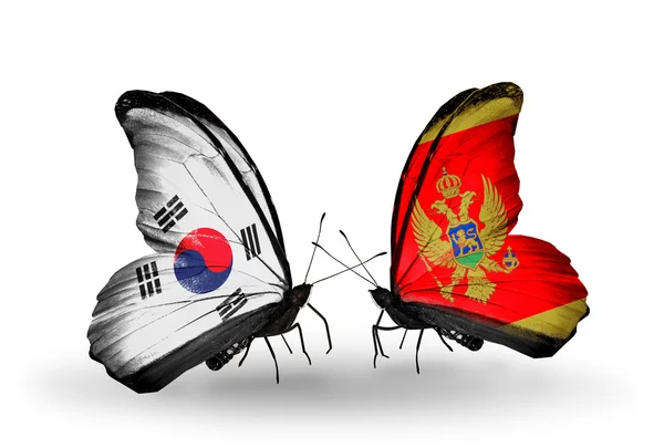 İki kanat bayrakları ile ilişkileri sembolü olarak Güney Kore ve Karadağ kelebekler — Stok fotoğraf