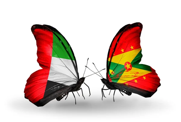 Due farfalle con bandiere sulle ali come simbolo delle relazioni Emirati Arabi Uniti e Grenada — Foto Stock