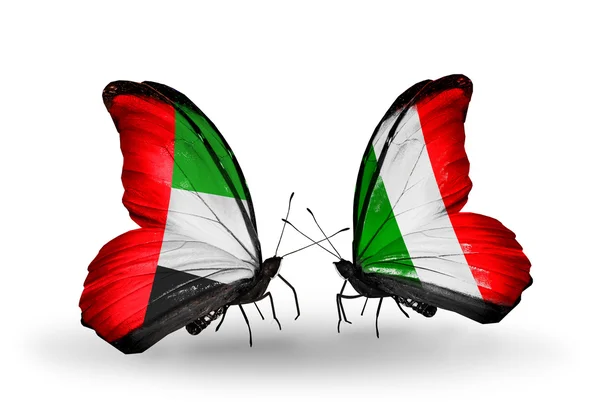 Due farfalle con bandiere sulle ali come simbolo delle relazioni Emirati Arabi Uniti e Italia — Foto Stock
